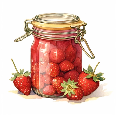 watercolor vintage style strawberry jam in a jar clipart, vintage strawberry jam in a jar, strawberries, vibrant colors, 1960, vintage, watercolor, realistic drawing in storybook illustration, pencil drawing by Angela Barrett, Elsa Beskow, ultrafine detailed, highly detailed, high resolution, 8K, white background