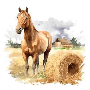 horse in farm landscape clipart, hay, soft watercolor very detailed rendering, isolated, white background