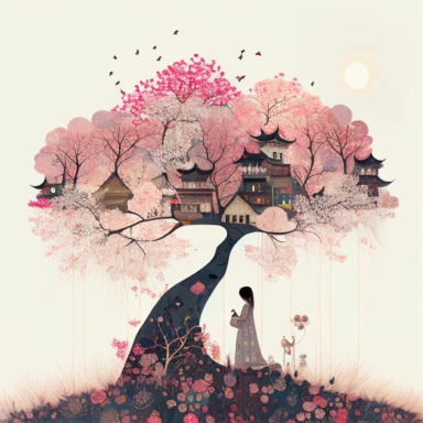 in the style of Ryo Takemasa, xuan loc xuan, Lisa Audit, Anastasia Suvorova, Jon Klassen, greg tocchini, single lady under sakura tree at night, fantasy, limpid, magical, mysterious, white background, vector, clipart, elaborate, ultra-detailed, best quality illustration, vibrant colors, high definition, UHD