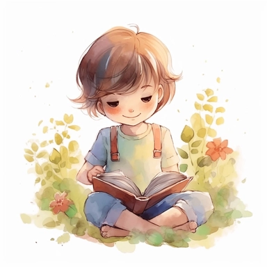 cute little boy reading a book, folk art, watercolor, clipart elements, kawaii, white background