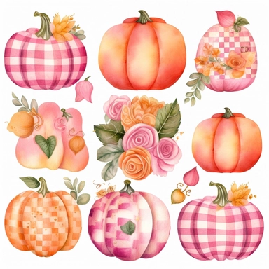 clipart set of pink retro styled pumpkins with checkered boards, hippy style, love hearts, ditsy flowers, whimsical watercolor painting, separated with white margins between each item, isolated on white background