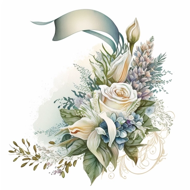 clipart aquarelle, detailed ans realistic, white background. beautiful flower tribute in white color, white theme, Bouquet for funeral, loss, sorry, with additions like sash ribbon