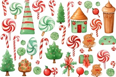 watercolour of a variety of Christmas Candies and cookies. Red and Green Gumdrops, Candy Canes, Peppermints, ginger breads, ribbon candy, clipart variations, simple, vector, 8k