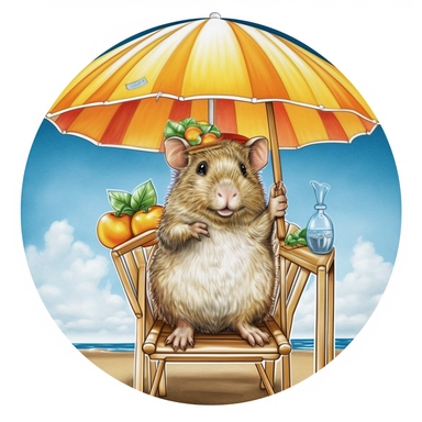 hyper-detailed clipart illustration of a happy Guinea Pig, sitting on a beach chair, wearing sunglasses and sipping a cold drink with a funny hat and a tiny paper umbrella, extreme close-up view, isolated on white background with margins, Studio Ghibli-style,