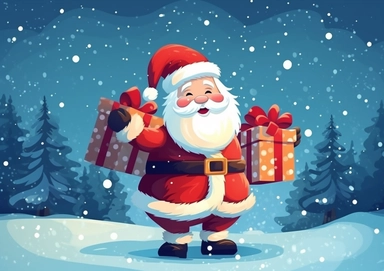 Illustration Santa Claus carries a bag of gifts .Christmas greeting card with cartoon character Santa Claus with hands up. Festive winter clip art isolated natural snowy bokeh background.