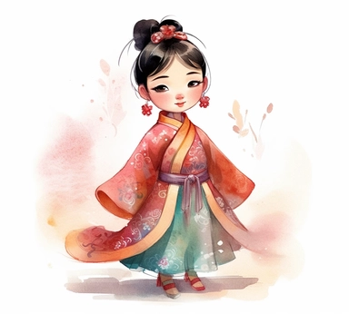 cute adorable little Chinese princess character watercolor clipart, full body, disney, pixar
