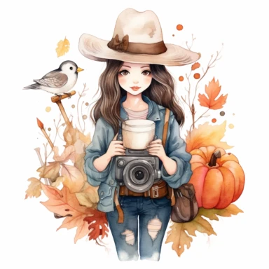 instagram influencer pilgrim, folk art, watercolor, clipart elements, kawaii, white background, dustin nguyen