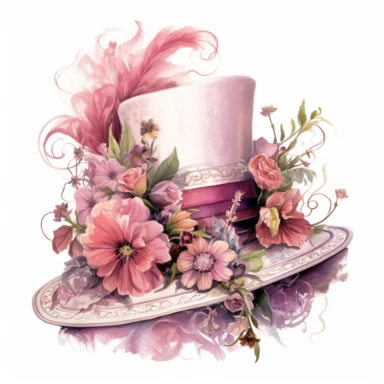 A Victorian-inspired pink tea party hat with intricate silk flowers, delicate feathers, and lace trim. The fine details in the design showcase the intricate detail of the hat. Clipart, watercolor, white background, intricate detail