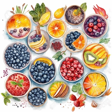 watercolor clipart of a collection of various nutritious healthy bowls, presented in a flatlay style with a top-side view on a clean white background. Each bowl should be filled with a visually appealing arrangement of nutritious ingredients, showcasing their vibrant colors and textures. Ensure that the bowls are not overlapping or interacting with each other, maintaining a clear separation between them. Capture the details of each ingredient with delicate watercolor strokes, emphasizing their f