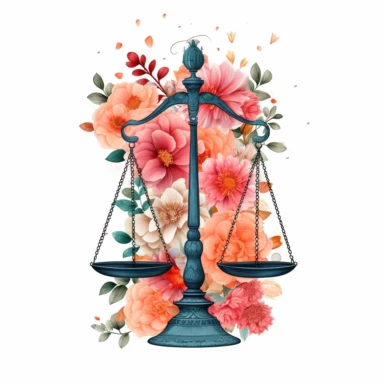 Flat clipart of Scale of justice wrapped in flowers, minimalist, scale of justice in only one colour, isolated white background, single design, 8k