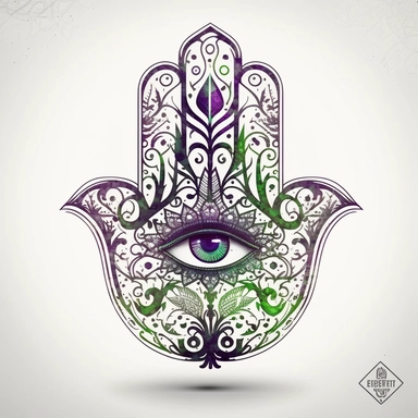 hamsa hand on white background clipart, zen et, in the style of detailed botanical illustrations, layered stencil work, calming symmetry, archaeological object, intricate blackwork, ornate simplicity, eye-catching detail, colorful green and purple highlights, clipart, blank white background