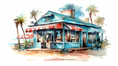 Beach Coffee shop clipart water color light blue retro style