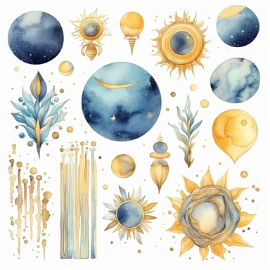 celestial clip art, light blues and golds, crystals, mushrooms, suns, planets, watercolor, clipart