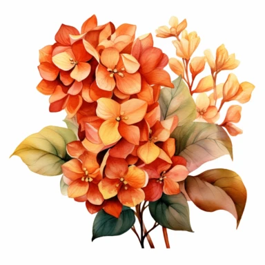 rust colored hydrangea flowers arrangement with watercolor effect,suitable for digital clipart,white background,green leaves
