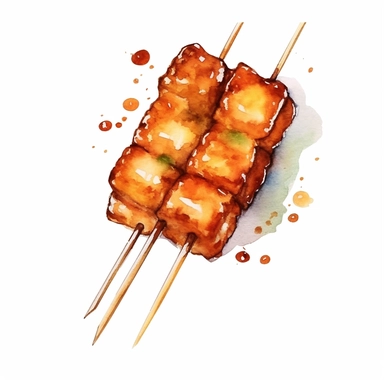 Sate (Satay) logo watercolor,simple Watercolor, hyper realistic, white background, white margins, 16k, ultra detailed clipart, cut out image, hand - drawn, whimsical manhwa style, ultra HD, sharp and clean art