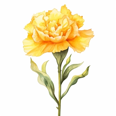Watercolor yellow carnation clipart on a white background in the style of feminine sticker art, Tanya Shatseva, storybook illustration, bright yellow and golden hues, Georgia O'Keeffe, flower and nature motifs, colored line art, colored outlines, cottagecore design, watercolor on white background, ombre, sunny tones, colored line art, colored outlines, iridescent ombre, gradient shading, symbol of cheerfulness, vibrant digital art oil paint photorealism, an illustration of a colored flower, meti