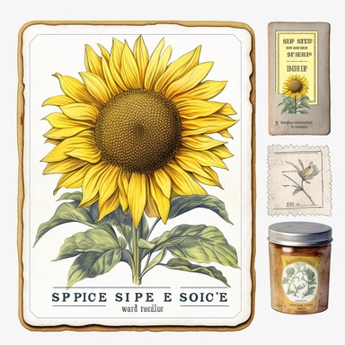 watercolor, hyper realistic, white background, white margins, 16k, ultra detailed clipart, cut out image, hand-drawn a sunflower seed packet, featuring a packet with a vintage-inspired design and sunflower illustrations, ideal for gardening or nature-themed projects. in the style of light bronze and yellow, gabriel bá, animated gifs, eye-catching, simple, sigma 85mm f/1.4 dg hsm art, light gray and dark amber