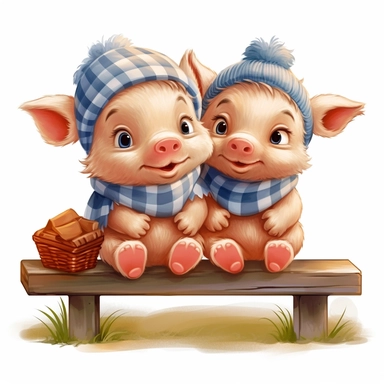 2 cute and fluffy baby pigs sitting on a bench, disney style, clipart on white background, no shading