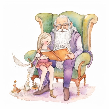fantasy imagery a grandfather with a white beard read a book to his little granddaughter who is sitting on his lap watercolor clipart--no text no watermark