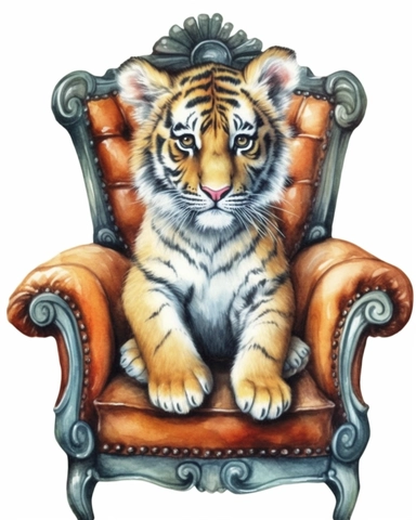detailed watercolor Baby tiger on a chair , hyper realistic, isolated on a white background, clipart