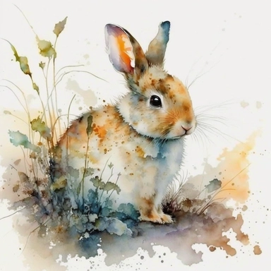 Develop a vibrant watercolor portrait of a rabbit, full of innocence and curiosity. White background. The image should highlight the rabbit's sweet and gentle nature, making it a delightful piece of clipart. The medium should be watercolor, reminiscent of the expressive works of Dean Crouser. The style should be lively and dynamic, allowing the colors to narrate the story. The lighting should be subtle and even, maintaining the focus on the colors and the fluid quality of the brushwork. The colo