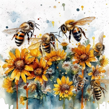 Watercolor Honeybee on a field full of flowers. Clipart Bundle.Everything is full of colourful flowers with green,red,yellow.Summer Clipart. Watercolor flower digital Graphics. Honey Bees, Honey Jar, Honey Drips.watercolor honey bee Clipart. Spring Garden honey dripping from honeycomb. Fantasy,white background. Black and white ink. solution HD : : ultrarealistic,Leica M6 camera with a Leica 50mm f/2 Summicron lens Fujifilm Pro 400H, set the ISO to 400, shutter speed to 1/125, and aperture to f/2