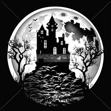 A full moon with a silhouette of a haunted castle,Clipart, Sticker, Gothic, Contour, Vector, White Background, Detailed kiss-cut, die-cut