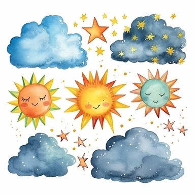 BUY 4 GET 50% OFF Watercolor Weather Clip Art - sun moon clouds rain snow lightning rainbow clipart & illustration - Commercial Use Ok
