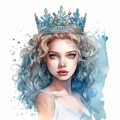 super Gorgeous watercolour stunning beautiful young queen wearing crown, a bit of light blue Ornament, 2D concept simplified illustration on white background. clipart, highly detailed, vibrant, ultra high quality, 2D vector