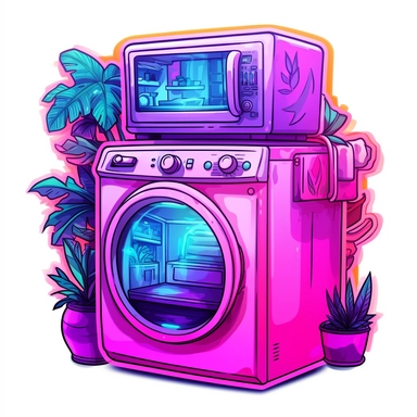 synthwave-styled smart appliance, watercolor , in the style of dan mumford, light magenta, tropical symbolism, cute and colorful, transparent layers, rounded, vibrant and colorful, clipart, white background, high detail, individual elements