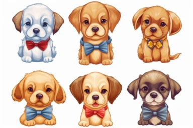 9 sets of a cute baby puppies Munchkin, smile,round face,round head,Wearing a tie,different poses,different breeds, clipart, isolated on white background, spaced out,