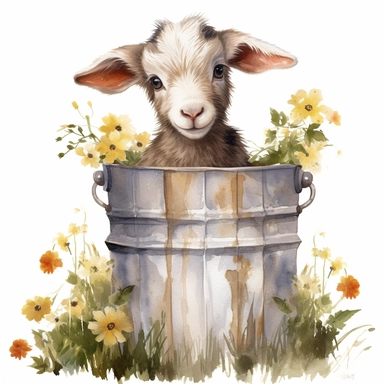 realistic watercolor cute baby goat sitting inside a wooden bucket with 2 feet on the edge peeking out, with flowers and grass around the outside surrounding of the bucket, solid white background, clipart