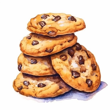 watercolor, hand drawn fresh baked chocolate chip cookies clipart, hd, white background, spaced out--ar 3:2