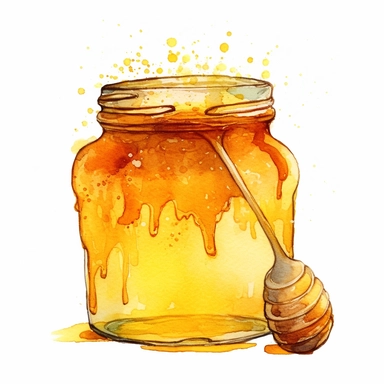 one jar of honey Watercolor clipart on a white background, in the style of texture-rich compositions, pictorial fabrics, bordalo ii, mandy disher, white background, anna dittmann, multi-panel compositions , no watermark, text, words, paintbrush, typography, the images do not stick together