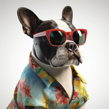 A hyper-realistic Boston Terrier dog wearing a stylish Hawaiian shirt and cool sunglasses, depicted on a white background in a clip art style. Cinematic, hyper-detailed and insanely detailed, the image is beautifully colored with the help of the Unreal Engine. The depth of field (DOF) effect enhances the visual impact, while the super resolution and high megapixel count ensure exceptional image quality. Lighting is rendered with cinematic precision, incorporating anti-aliasing techniques like FX