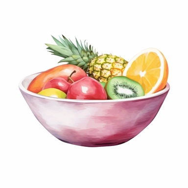 tropical fruit in a white bowl clipart, no background, watercolor style, in the style of light magenta and light emerald