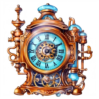 watercolor steampunk clock image, steampunk, sky blue, intense colors, luxurious, victorian, clipart, watercolour, white background, detailed