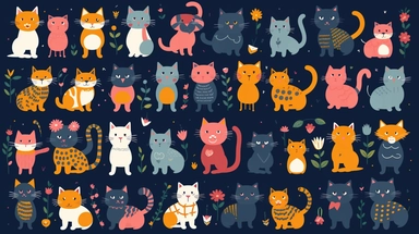 cats vector clipart vector cats cute animal collection, in the style of #screenshotsaturday, flat areas of color, flat color blocks, 1970–present, rough-edged 2d animation, lightbox, colorful animation stills