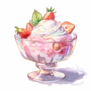 a drawing of a dessert featuring candy and whipped cream, icecream sundae, pink strawberries, glass bowl, in the style of pastel toned, shiny/glossy, fantasy realism, caffenol developing, warmcore, #screenshotsaturday, rubens, white background, isolated, free brushstrokes, watercolor illustration, clipart,
