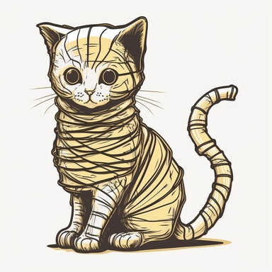 cat halloween, mummy costume, clipart, black outlines, white background, vector