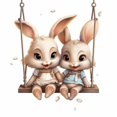Cute Beautiful Happy Face Couple Baby Bunny sit on a swing Sublimation Clipart , Cartoon, hyper realistic, intricate detail, illustration style, high solution, isolated on the white background