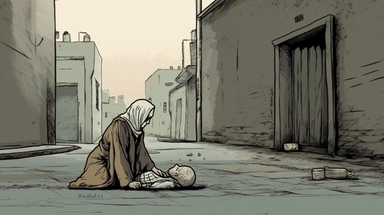 a dead body on the ground of a poor child, beside him a hijabi woman sitting to the ground in a poor street +dark color tones+ vintage drawing style ,clipart drawing,clipart image,high definition drawing,clean colors,balanced colors,detailed drawing,ratito 16:9 , aspects : high 1920 + width 1080 ,