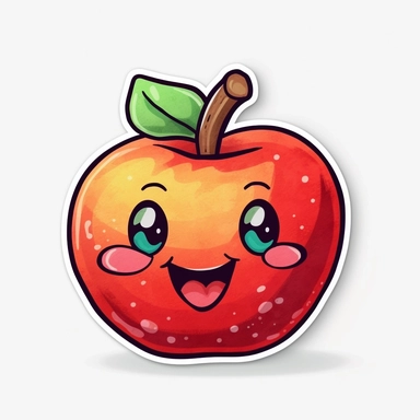 cute Apple, happy and smiling, bold line, clipart, sticker, white background, no shadow, 8k detail