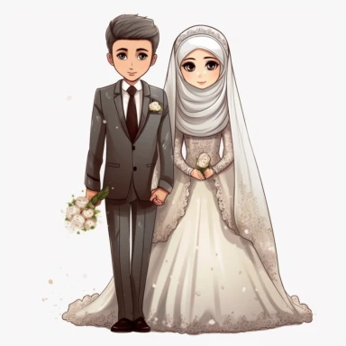 wedding couple clipart wedding ,card, the Muslim bride clipart cliparts, in the style of caffenol developing, cartoonish innocence, caricature-like, perceptive, plush doll art, captivating,--2:3,--8k