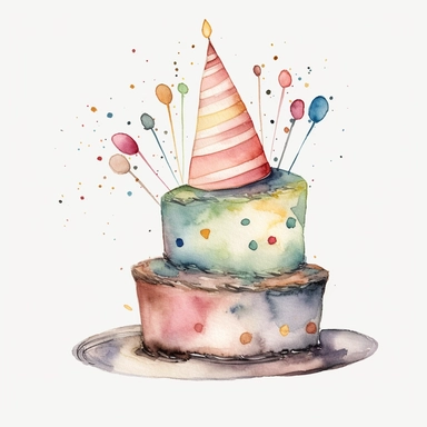 clipart, clip art, doodles, drawings, birthday, birthday cake, birthday hat, birthday decorations, hand painted, watercolor, soft colors, nursery, white background, simple style, high definition, 8k