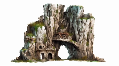 isolated images, illustrations on a white background, cave entrance , serene, dark fantasy ,Clipart, cartoon, realistic, isolated, full building, highly detailed, hdr, 32K, photo expert quality,game asset , hyperrealistic and highly detailed, isolated on a white background
