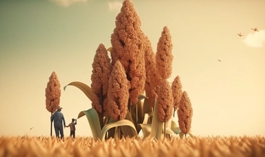A huge leaf of sorghum, Little farmer characters standing on leaves, micro photography, 3D, clipping style, poster, plant, octane, art style