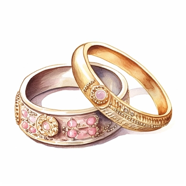 highly detailed and intricate watercolor boho wedding rings in a ring box clipart, pink and gold soft hues, white background