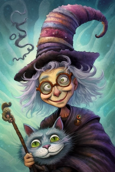 SURREAL cartoon crone witch and her cat, with her huge grin,large head big eyes, huge eyeglasses, wearing pointed hat , stormy clouds in the background ,painted in many colors,, swirling colors, intricately textured, airbrushing, layered imagery, split to