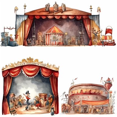 watercolor 1910s 1920s 1930s 1940s theatre stage, illustrations clipart set, simple, , cartoon elements ,different variants ,shows,separate elements with a margin